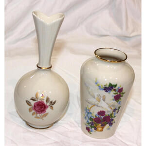 2 Lot Genuine Vtg Lenox 8” Porcelain Bud Vase + 6” The Lenox Birds of Love Vase